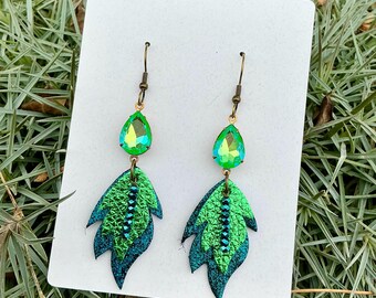 Lime & Teal Leather Feather Earrings Bohemian Renaissance Gypsy Metallic Jewels Medium Size Lightweight Victorian