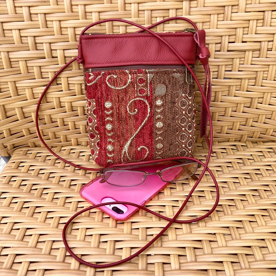 Small Crossbody Bag Phone Case Leather and Many Moons Chenille - Etsy