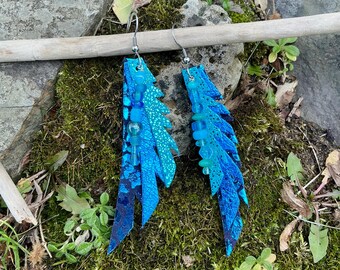 Long Leather Feather Earrings Iridescent Azure Blue Bohemian Gypsy Magical Mystical Celestial Evening Sky