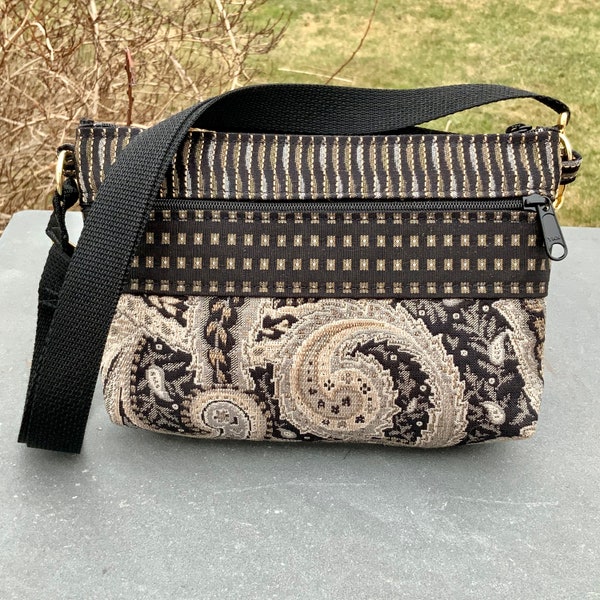 Fannypack Waist Bag Vegan Hip bag Belt Pouch Black & White Boho Paisley Fabric Convert to small purse Bum Bag Heavy Duty Upholstery Tapestry