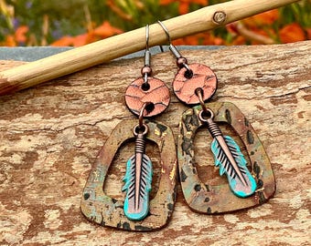 Southwest Leather Feather Earrings Turquoise & Copper Patina Dangle Drop Native Natural Earthy Rustic Handmade