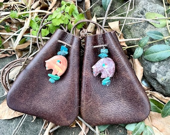 Leather Medicine Pouch Bear Spirit Animal Totem Crystal Bag Turquoise & Coral Stone Native Tribal