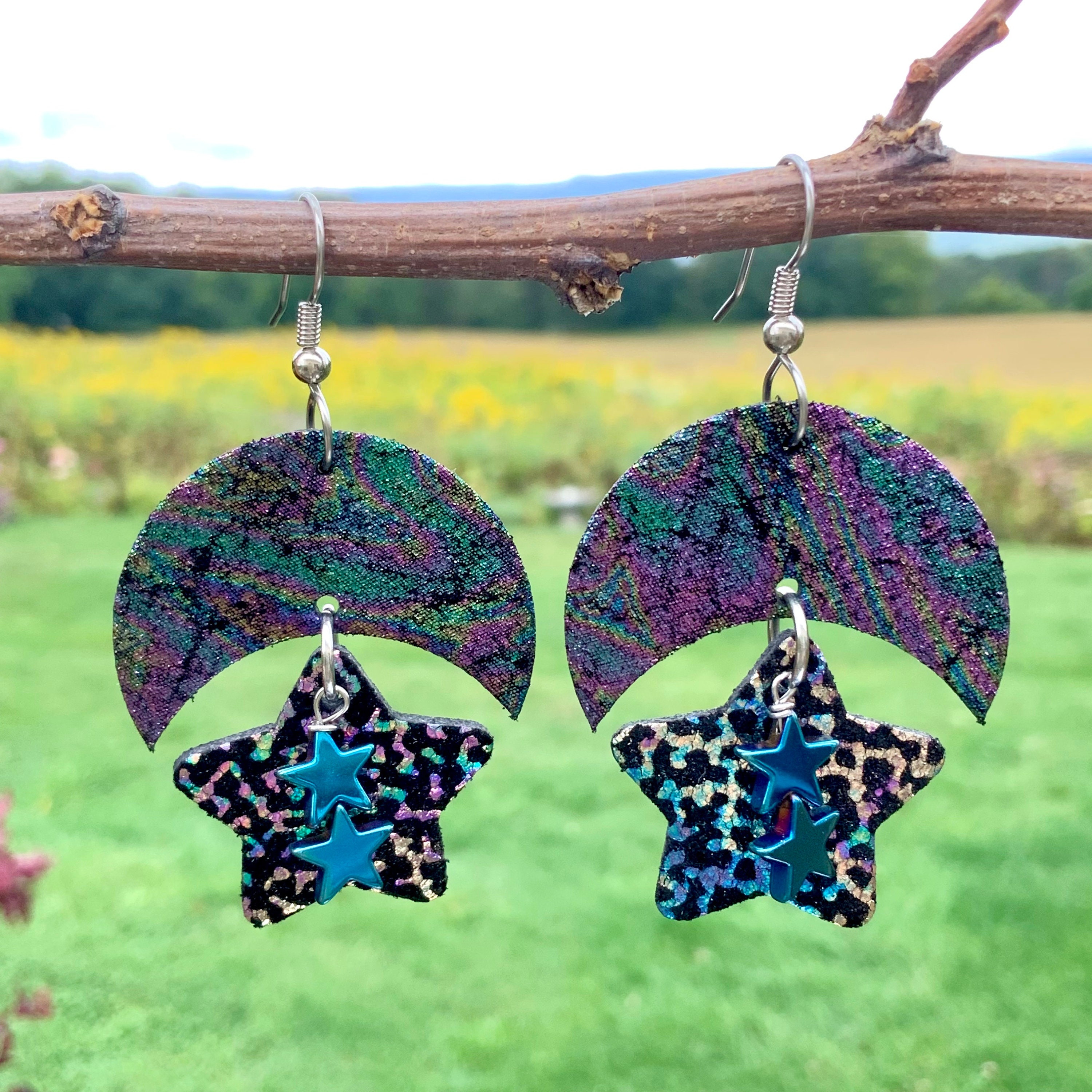 Boucles D'oreilles étoile Et Croissant De Lune Noires - Style Magicien/sorcière, Fait Main, Neuf Sans Emballage