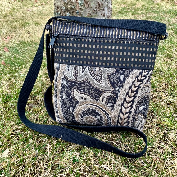 Fabric Crossbody Shoulder Bag Black & White Paisley Cotton