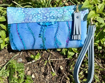 Clutch Large Wristlet Mini Purse Handbag Blue Italian Leather Handpainted Felted Wool Unique Fiber Art  Gift for Her Pat Halpen Leather