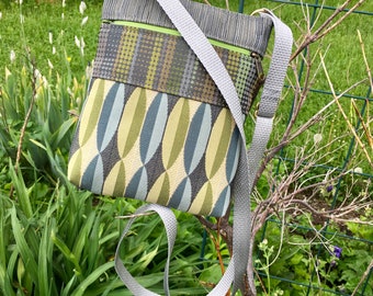 Small Vegan Crossbody Travel Bag Industrial Upholstery Tapestry Phone Pocket Adjustable Strap Festival Everyday Shoulder Bag Gift for Her