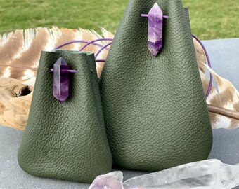 Leather Medicine Pouch Amethyst Point Amulet Crystal Bag Metaphysical Meditation Altar Yoga Double Point Amethyst Crystal Purple and Green