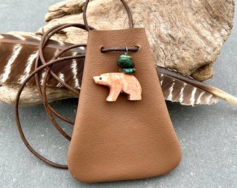 Leather Medicine Pouch Bear Spirit Animal Totem Crystal Bag Turquoise & Handcarved Stone Native Tribal