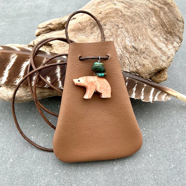 Leather Medicine Pouch Bear Spirit Animal Totem Crystal Bag Turquoise & Handcarved Stone Native Tribal