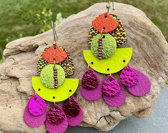 Tropical Colors Chandelier Earring Vibrant Spicy Leather Dangle Drop Exotic Bold Statement Gypsy Party