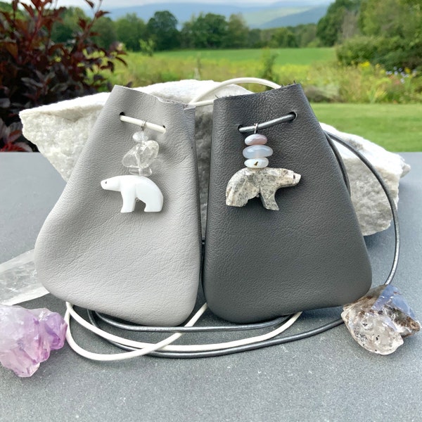 Polar Bear Crystal Bag Leather Medicine Pouch Amulet Shaman Ceremony Altar Decor Bear Totem Animal Meditation Metaphysical New Baby Gift