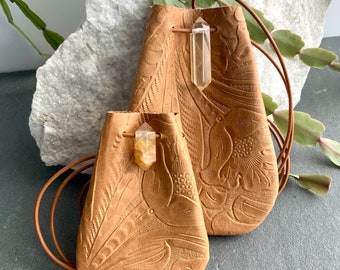 Leather Crystal Bag Citrine Double Point Healing Crystal Leather Medicine Bag Medicine Pouch Amulet Necklace Pouch Yoga Altar Meditation