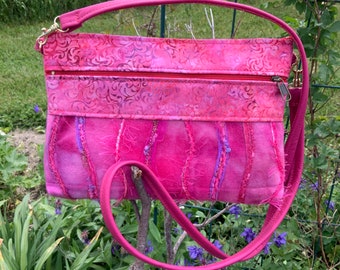 Hot Pink Leather Crossbody Bag Shoulder Bag Unique Fiber Art Handpainted Felted Wool Medium Size Purse with Pockets Everyday Bag Evening Bag