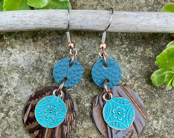 Copper & Blue Patina Leather Earring Earthy Rustic Small Dangle Drop Southwest Tooled Natural Handmade