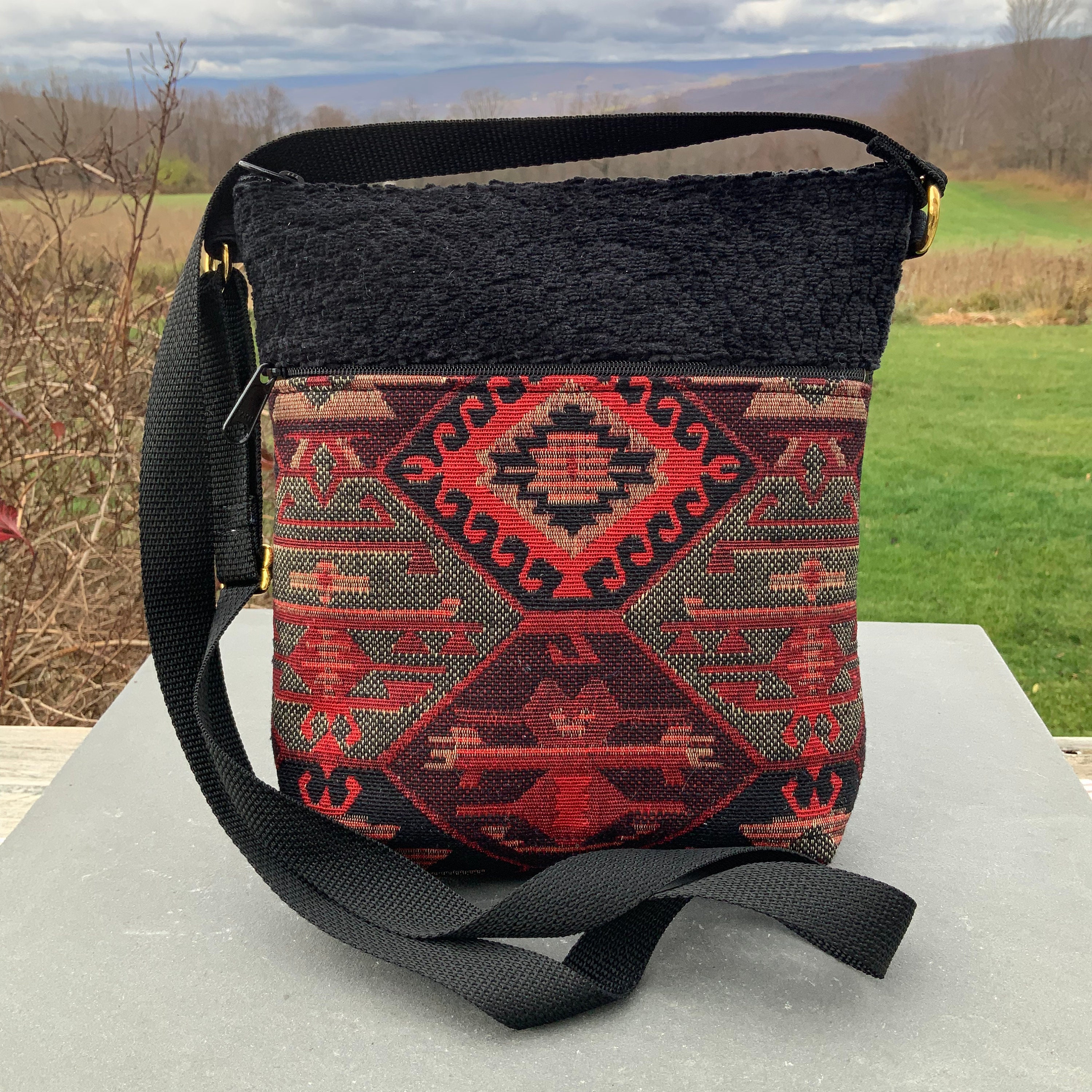 Crossbody Bag Boho Oriental Rug & Chenille Tapestry Black 