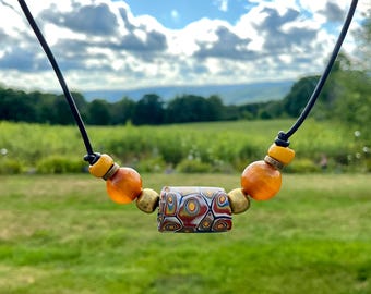 Antique African Trade Bead & Leather Necklace Simple Minimalist Tribal Ethnic Collectible Man Jewelry