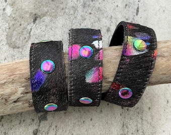 Black & Rainbow Hair on Cowhide Wide Leather Cuff Bracelet Funky Statement Rainbow Rivets Handmade