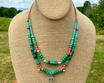 Turquoise & Coral Bone Beads Fetish Necklace Goddess Amulet Earthy Tribal Native Double Strand Choker