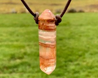Crystal Point Necklace Double Terminated Healing Stone Red Quartz Leather Cord Metaphysical Simple Minimalist