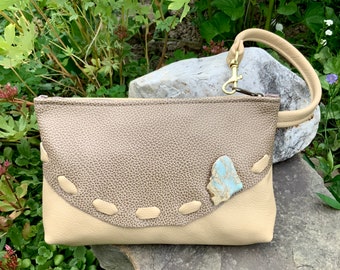 Simple Leather Bag Wristlet Rustic Leather Wallet Clutch Phone Bag Small Handbag Tribal Ethnic Leather with Jasper Stone  Minimalist Bag