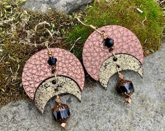 Moon Goddess Mixed Metal Leather Earrings Wicca Earth Mother Mystical Exotic Celestial Dangle Drop