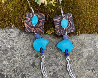 Spirit Bear Tooled Leather Earrings Lapis & Turquoise Stone Southwest Native Natural Tribal Animal Fetish