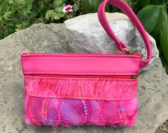 Hot Pink Leather Wristlet Clutch with Felted Wool Accent Small Handbag Unique Fiber Art