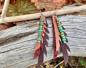 Leather Feather Earring Earthy Rustic Long Dangle Drop Southwest Tribal Native Natural Hippie Handmade