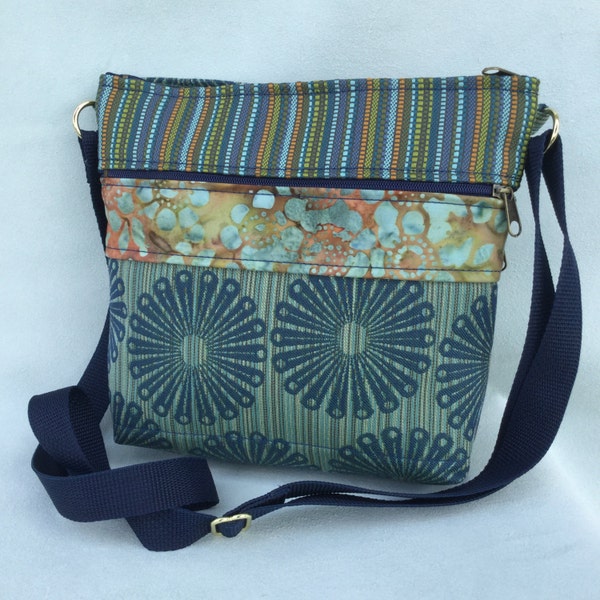 Vegan Crossbody Shoulder  Everyday Bag Purse Modern Orange Olive Blue Industrial Upholstery Tapestry Adjustable Strap  Pockets Zippers