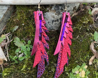 Bohemian Gypsy Earrings Jewel Colors Glam Metallic Leather Feather Long Dangle Drop Elegant unique