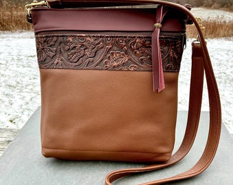 Leather Crossbody Bag Medium Large Saddle Brown & Burgundy Western Tooled Designer Bag Everyday Organizer