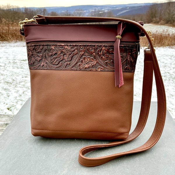 Leather Crossbody Bag Medium Large Saddle Brown & Burgundy Western Tooled Designer Bag Everyday Organizer
