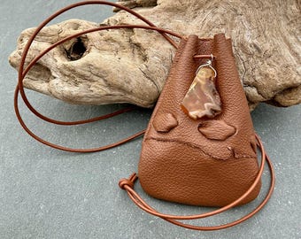 Leather Medicine Pouch Amulet Crystal Bag Tribal Natural Rustic Agate Stone Hand Laced