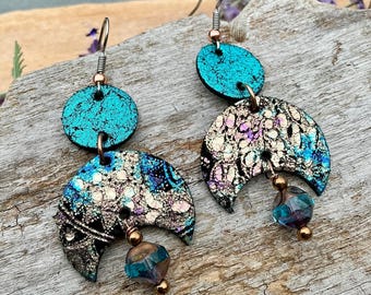 Crescent Moon Celestial Earring Long Dangling Copper Rainbow Metallic Leather Mystic Witchy Metaphysical Magical
