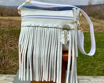 White Leather Fringe Fannypack Waist Hip bag Native Tribal Vintage Hippie Festival Bum Bag