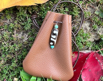 Leather Medicine Pouch Amulet Crystal Bag Tribal Native Natural Saddle Brown Cowhide Medicine Bag Handmade African Batik Bead Spirit Bag