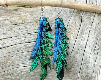 Iridescent Peacock Colors Leather Feather Earrings Bohemian Gypsy Glam Metallic Jewels Long Dangle Drop