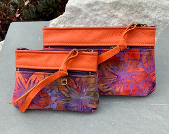 Minimalist Wallet Credit Card Case Coin Purse Orange Leather Purple Batik Clutch Zipper Wallet Accessories Case Purse Organizer Gift for Her
