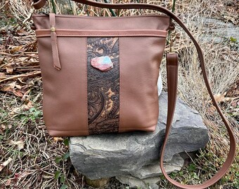 Leather Crossbody Medium Large Designer Bag Western Tooled Everyday Organizer Handmade Unique Turquoise Stone