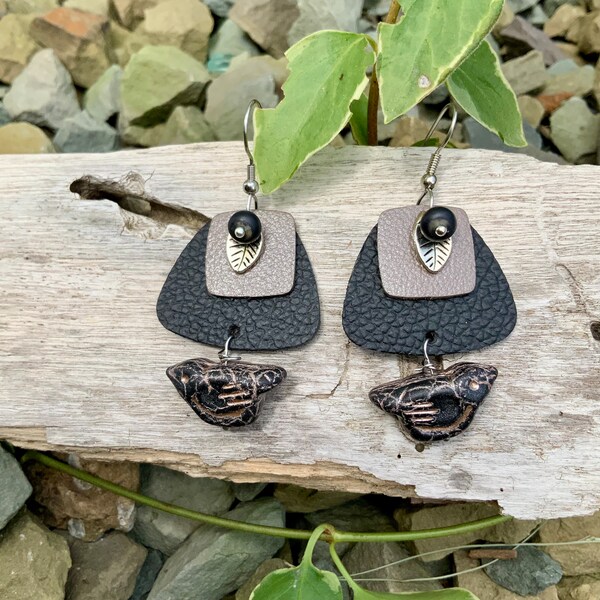 Blackbird Earrings Raven Leather Earring Earthy Wild Nature Inspired Long Dangle Earring Spiritual Tribal Bird Lover Gift Green Witch Pagan