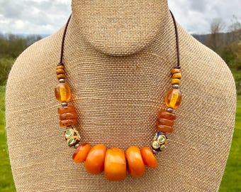Chunky Necklace African Faux Amber Copal & Antique Trade Beads Handmade Bohemian Tribal Ethnic Collectible