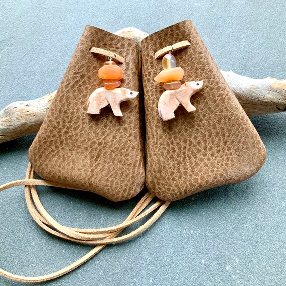 Medicine Bag Bear Totem Vegan Leather Necklace Pouch Crystal Bag