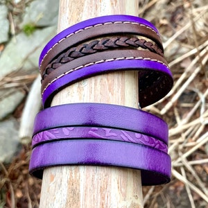 Wide Leather Cuff Purple Stacking Bracelet Natural Ethnic Tribal Magnetic Clasp