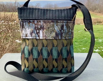 Small Fabric Crossbody Bag Neutral Black Tapestry Travel Bag Minimalist Everyday Bag Upcycled Repurposed Upholstery Tapestry Purse