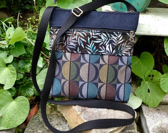 Black Fabric Vegan Crossbody Shoulder Travel Bag Small Purse Boho Nature Inspired Batik & UpholsteryTapestry Adjustable Strap Everyday Bag