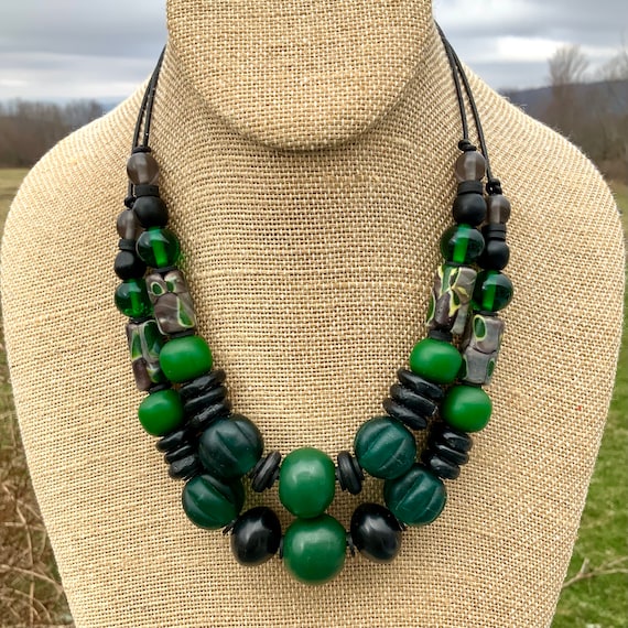Black Green African Bead Necklace Emerald Green Copal African made Beads Ethnic Tribal Statement Necklace Fairtrade Beads Leather Jewelry Etsy