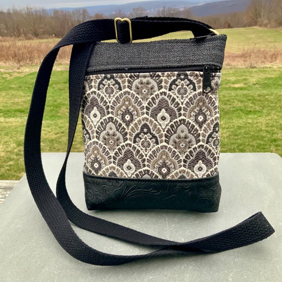Small Tapestry Crossbody Bag Recycled Upholstery Fabric Sustainable Fashion Travel Everyday Neutral Color