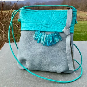 Leather Phone Bag Small Crossbody Bag Gemstone Quartz Crystal Point Beads Adjustable Strap Everyday Evening Turquoise  Bag Boho Minimalist