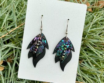 Tiny Feather Earrings Iridescent Rainbow Color Leather Bohemian Gypsy Mystical Magical Metallic  Short Dangle