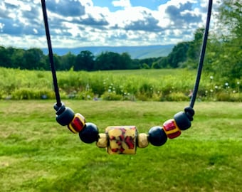 Antique African Trade Bead & Leather Necklace Simple Minimalist Tribal Ethnic Collectible Man Jewelry